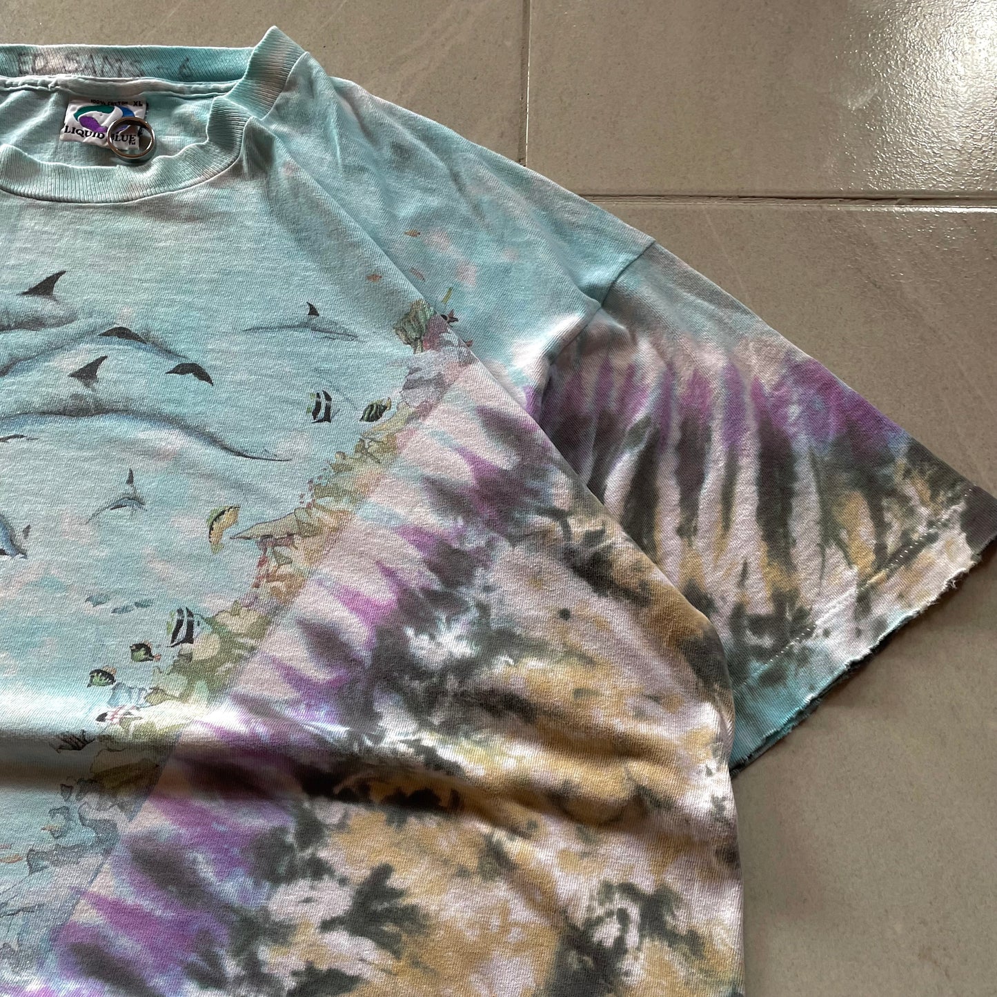 (Xl) Vintage 90s Liquid Blue Dolphin Ocean Sea Tie Dye T-Shirt