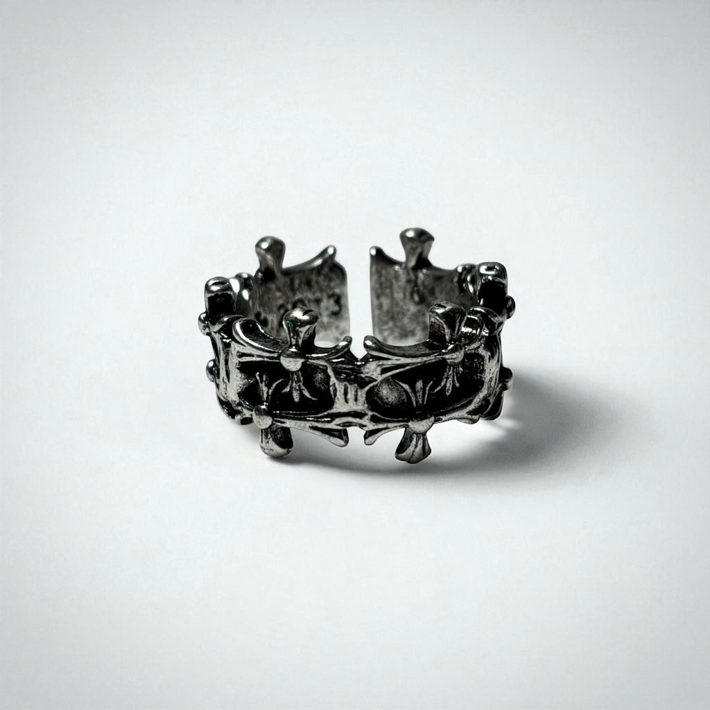 CHROME HEARTS DOUBLE CROSS FLORAL SILVER RING